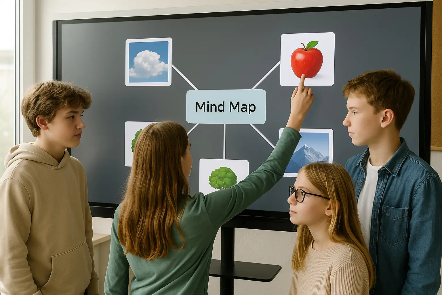 The group completes the mind map by dragging and dropping the picture cards;